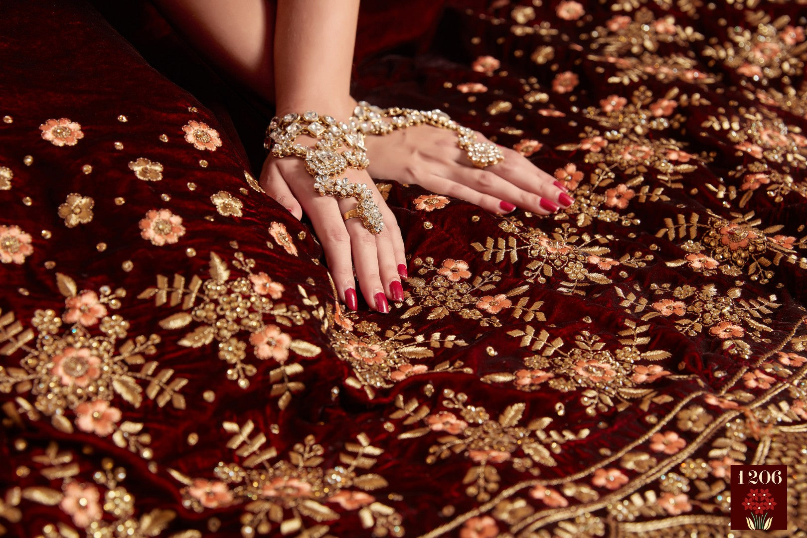 Maroon pure velvet designer heavy embroidered bridal lehenga