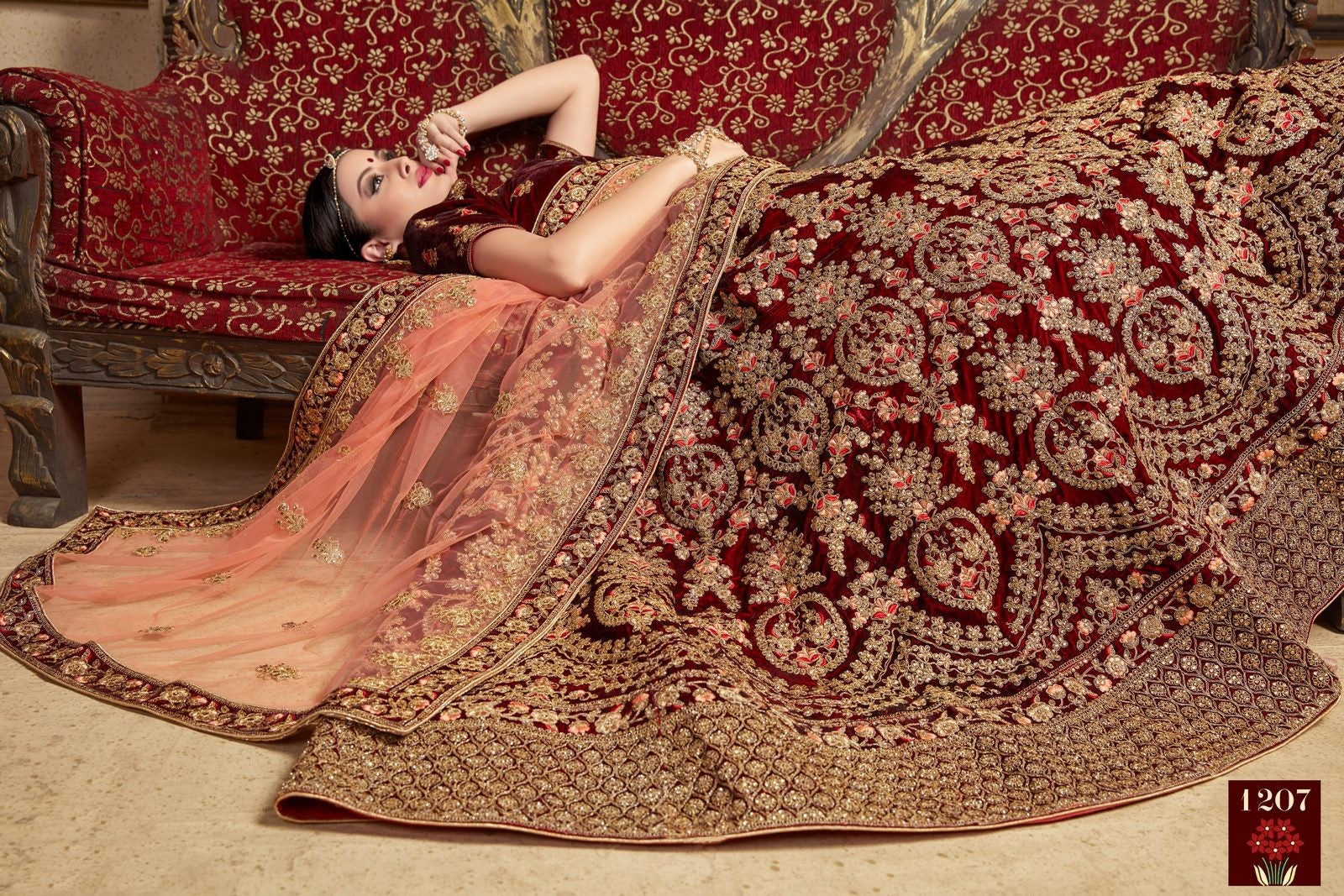 Maroon pure velvet designer heavy embroidered bridal lehenga