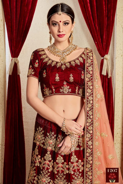 Maroon pure velvet designer heavy embroidered bridal lehenga