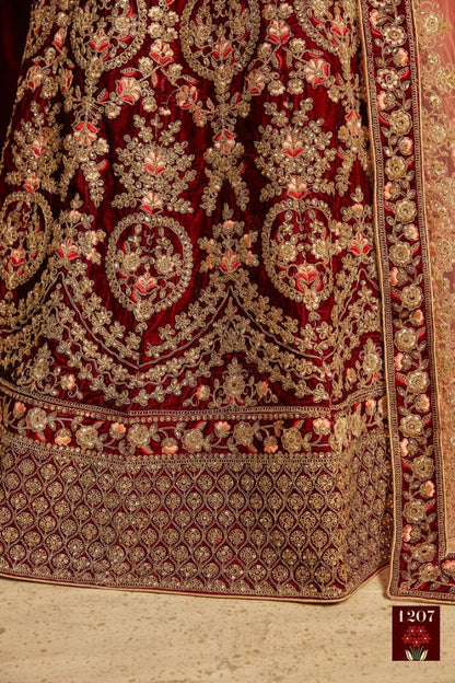 Maroon pure velvet designer heavy embroidered bridal lehenga