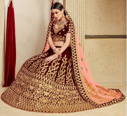 Maroon pure velvet designer heavy embroidered bridal lehenga