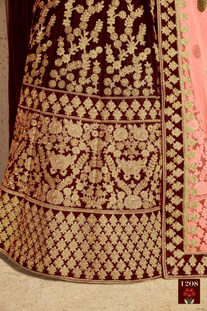 Maroon pure velvet designer heavy embroidered bridal lehenga