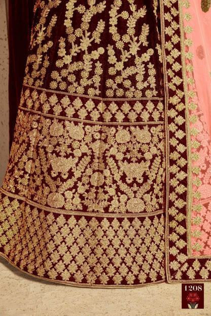 Maroon pure velvet designer heavy embroidered bridal lehenga
