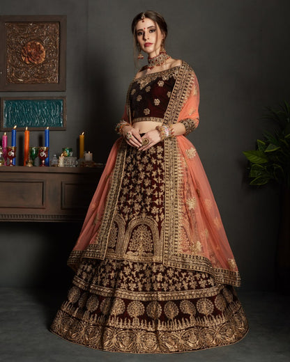 maroon pure velvet designer heavy embroidered bridal lehenga
