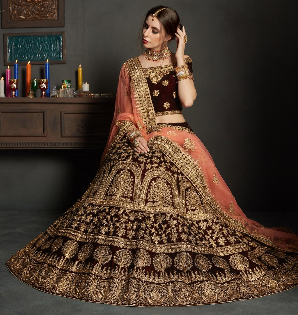 maroon pure velvet designer heavy embroidered bridal lehenga
