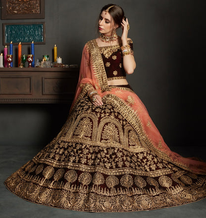 maroon pure velvet designer heavy embroidered bridal lehenga