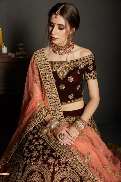 maroon pure velvet designer heavy embroidered bridal lehenga