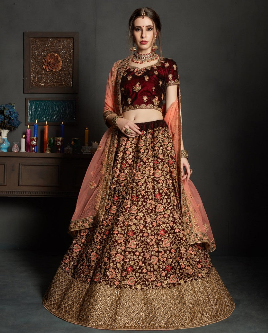 maroon pure velvet designer heavy embroidered bridal lehenga