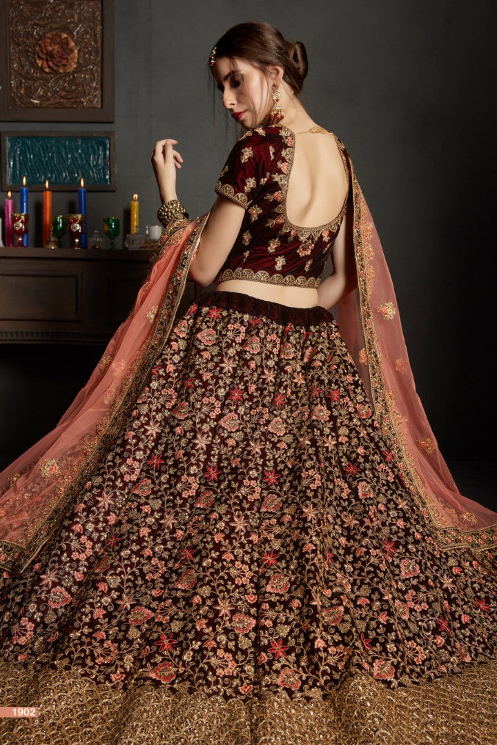 maroon pure velvet designer heavy embroidered bridal lehenga