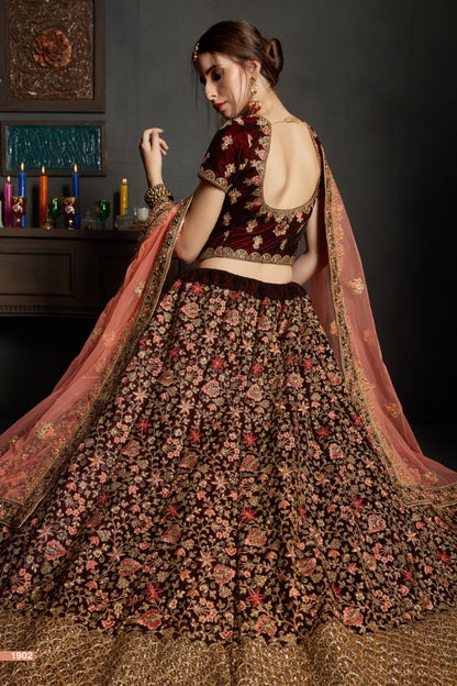 maroon pure velvet designer heavy embroidered bridal lehenga