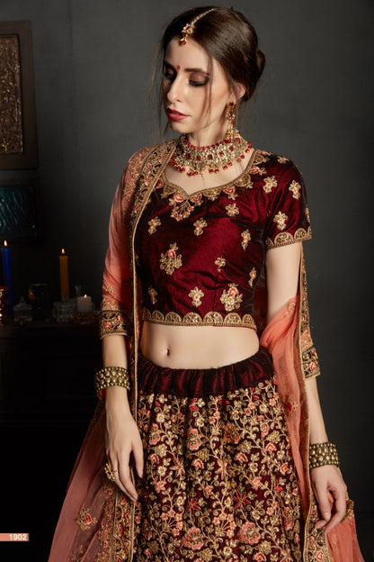maroon pure velvet designer heavy embroidered bridal lehenga