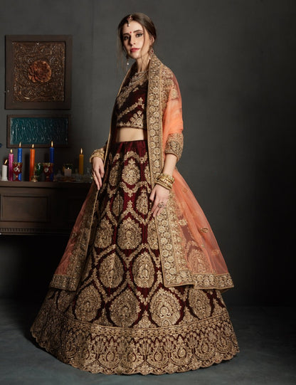 maroon pure velvet designer heavy embroidered bridal lehenga
