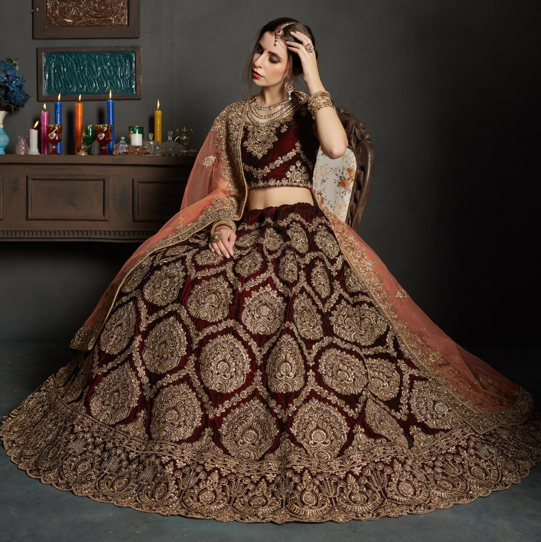 maroon pure velvet designer heavy embroidered bridal lehenga