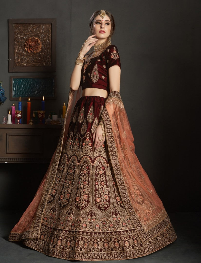 maroon pure velvet designer heavy embroidered bridal lehenga