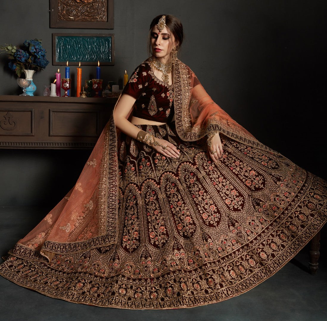 maroon pure velvet designer heavy embroidered bridal lehenga