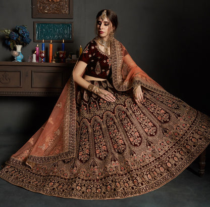 maroon pure velvet designer heavy embroidered bridal lehenga