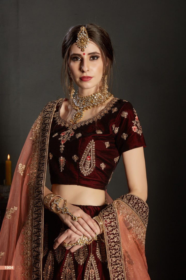 maroon pure velvet designer heavy embroidered bridal lehenga