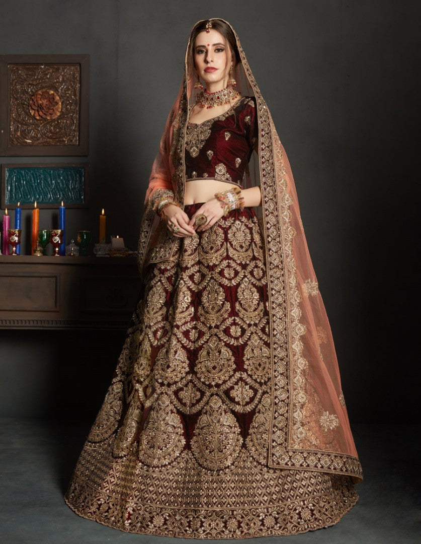 maroon pure velvet designer heavy embroidered bridal lehenga