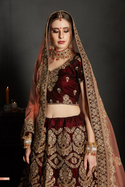 maroon pure velvet designer heavy embroidered bridal lehenga