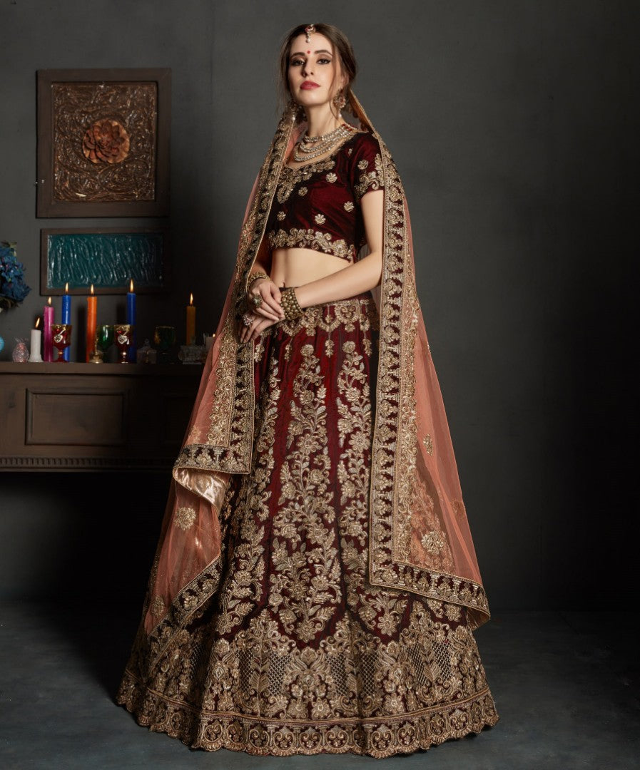 maroon pure velvet designer heavy embroidered bridal lehenga