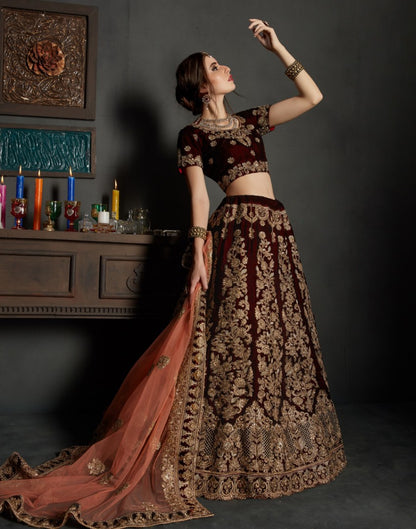 maroon pure velvet designer heavy embroidered bridal lehenga