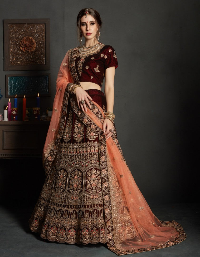 maroon pure velvet designer heavy embroidered bridal lehenga