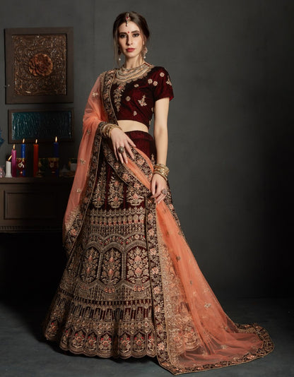 maroon pure velvet designer heavy embroidered bridal lehenga
