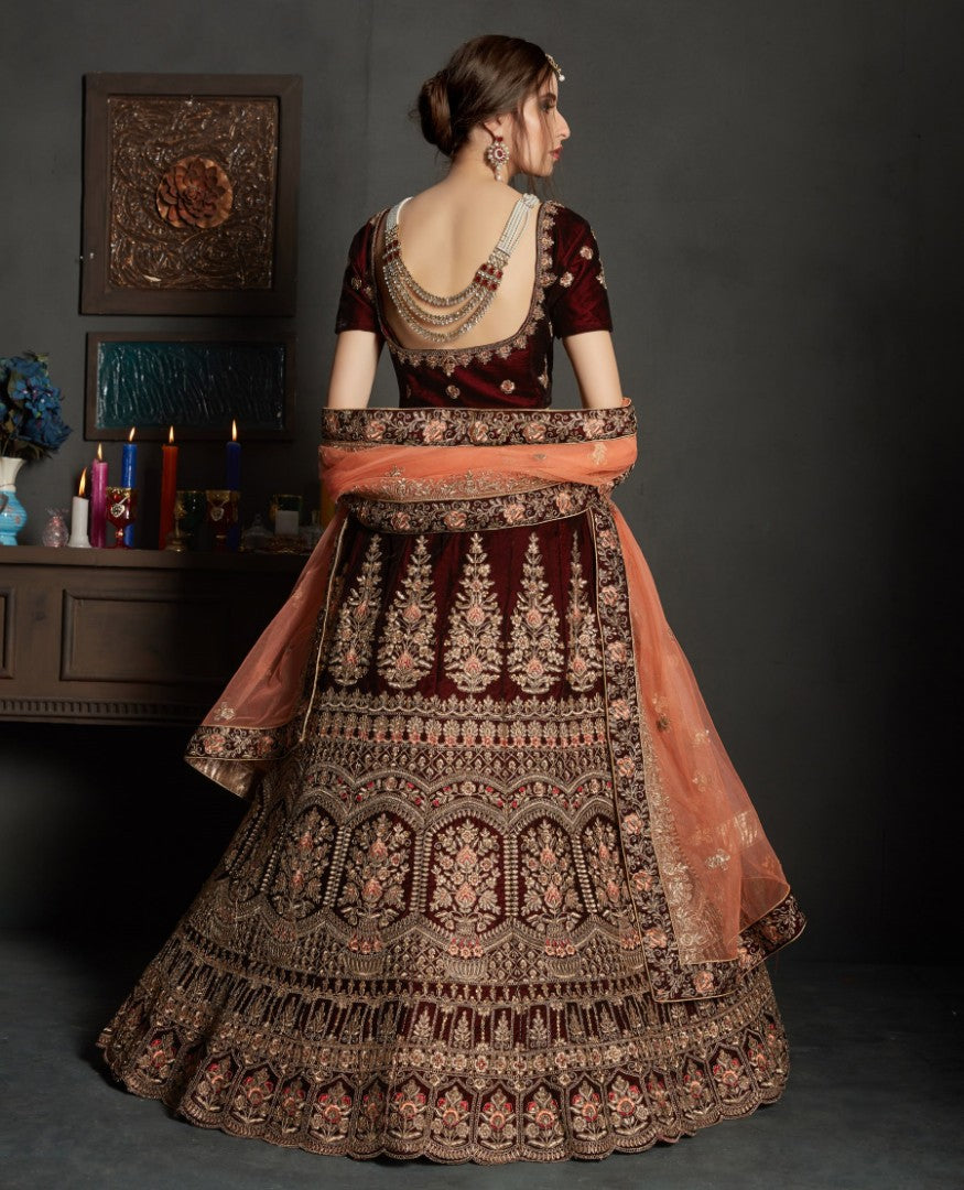 maroon pure velvet designer heavy embroidered bridal lehenga