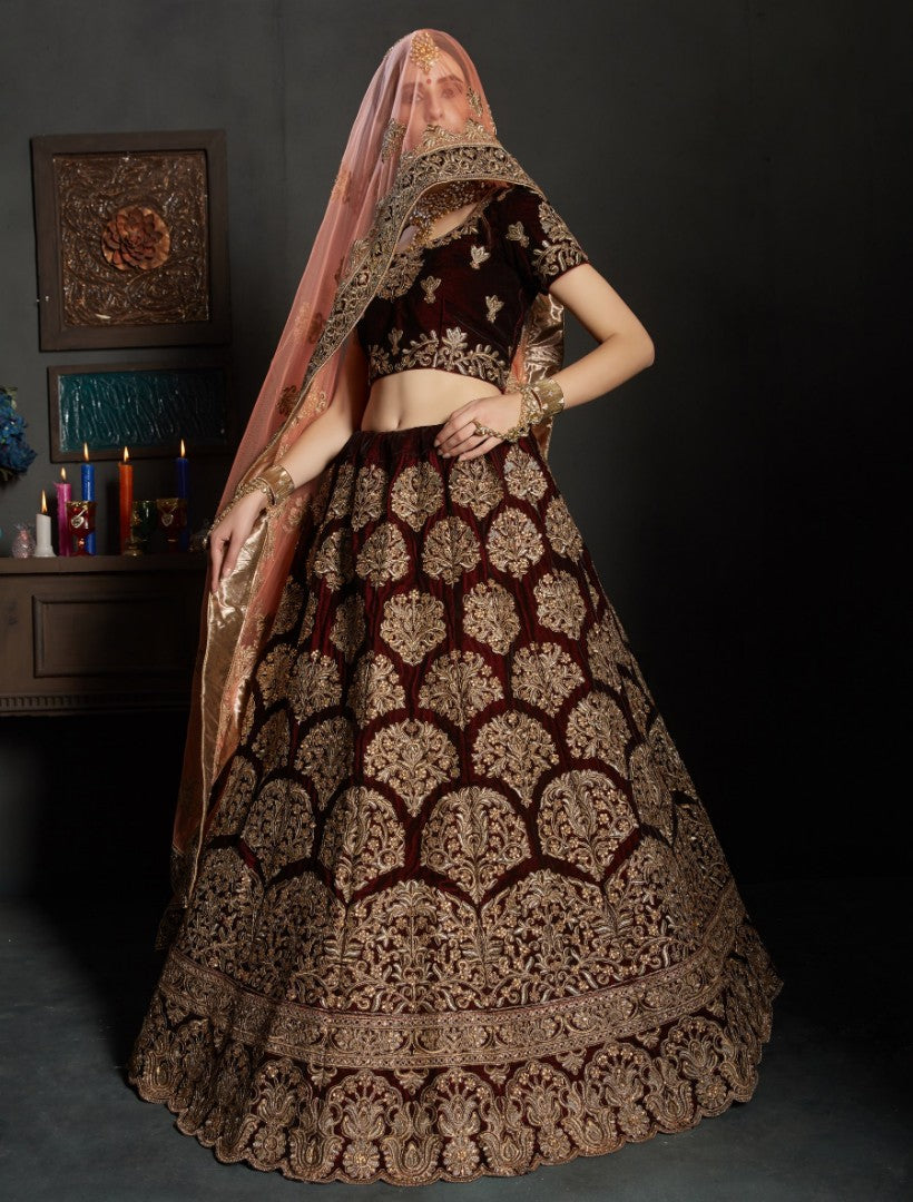 maroon pure velvet designer heavy embroidered bridal lehenga