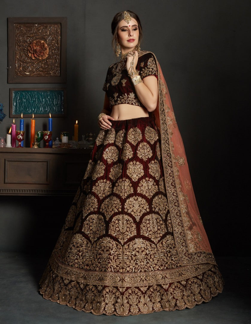 maroon pure velvet designer heavy embroidered bridal lehenga