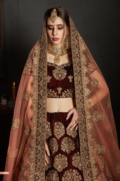 maroon pure velvet designer heavy embroidered bridal lehenga