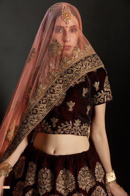 maroon pure velvet designer heavy embroidered bridal lehenga