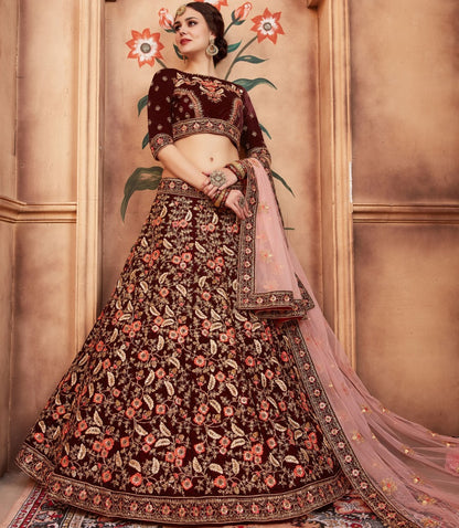Maroon pure velvet heavy embroidered bridal wedding lehenga choli