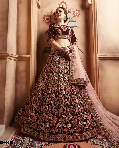 Maroon pure velvet heavy embroidered bridal wedding lehenga choli