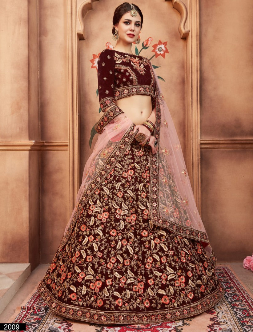 Maroon pure velvet heavy embroidered bridal wedding lehenga choli