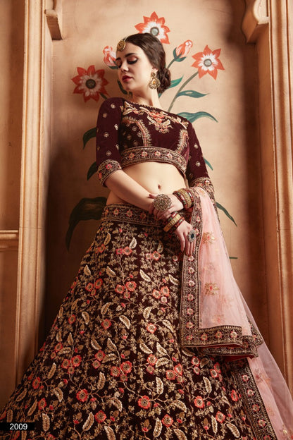 Maroon pure velvet heavy embroidered bridal wedding lehenga choli