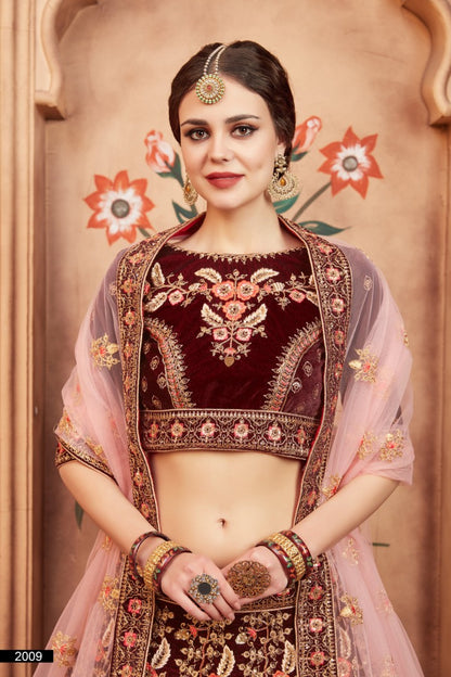 Maroon pure velvet heavy embroidered bridal wedding lehenga choli