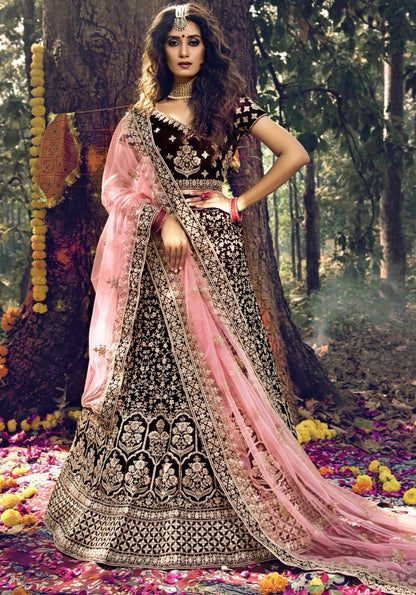 Maroon pure velvet soft net stone work bridal lehenga choli