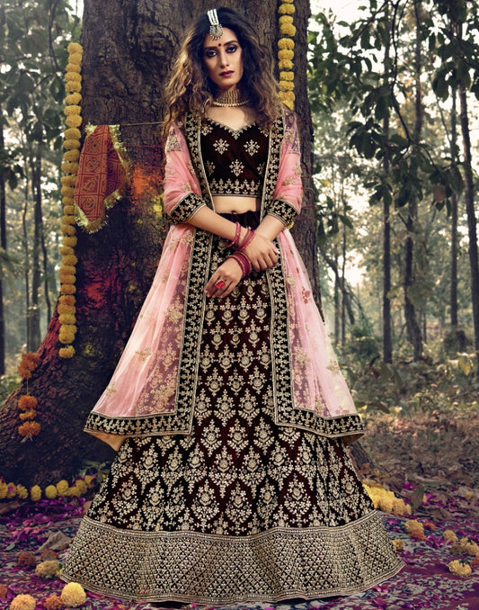 Maroon pure velvet soft net stone work bridal lehenga choli