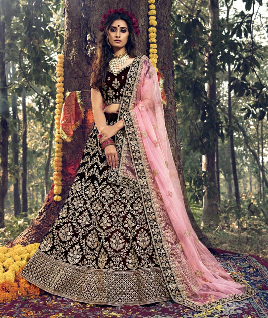 Maroon pure velvet soft net stone work bridal lehenga choli