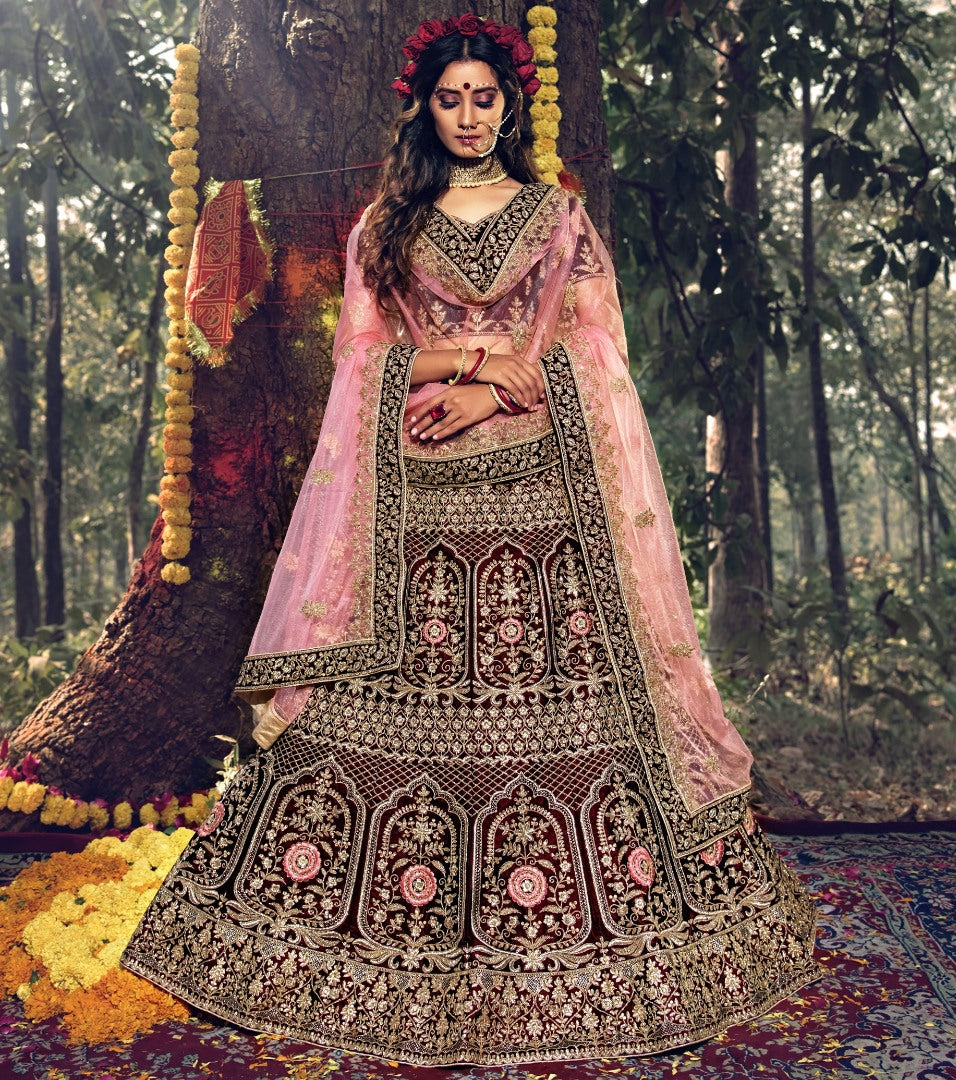 Maroon pure velvet soft net stone work bridal lehenga choli