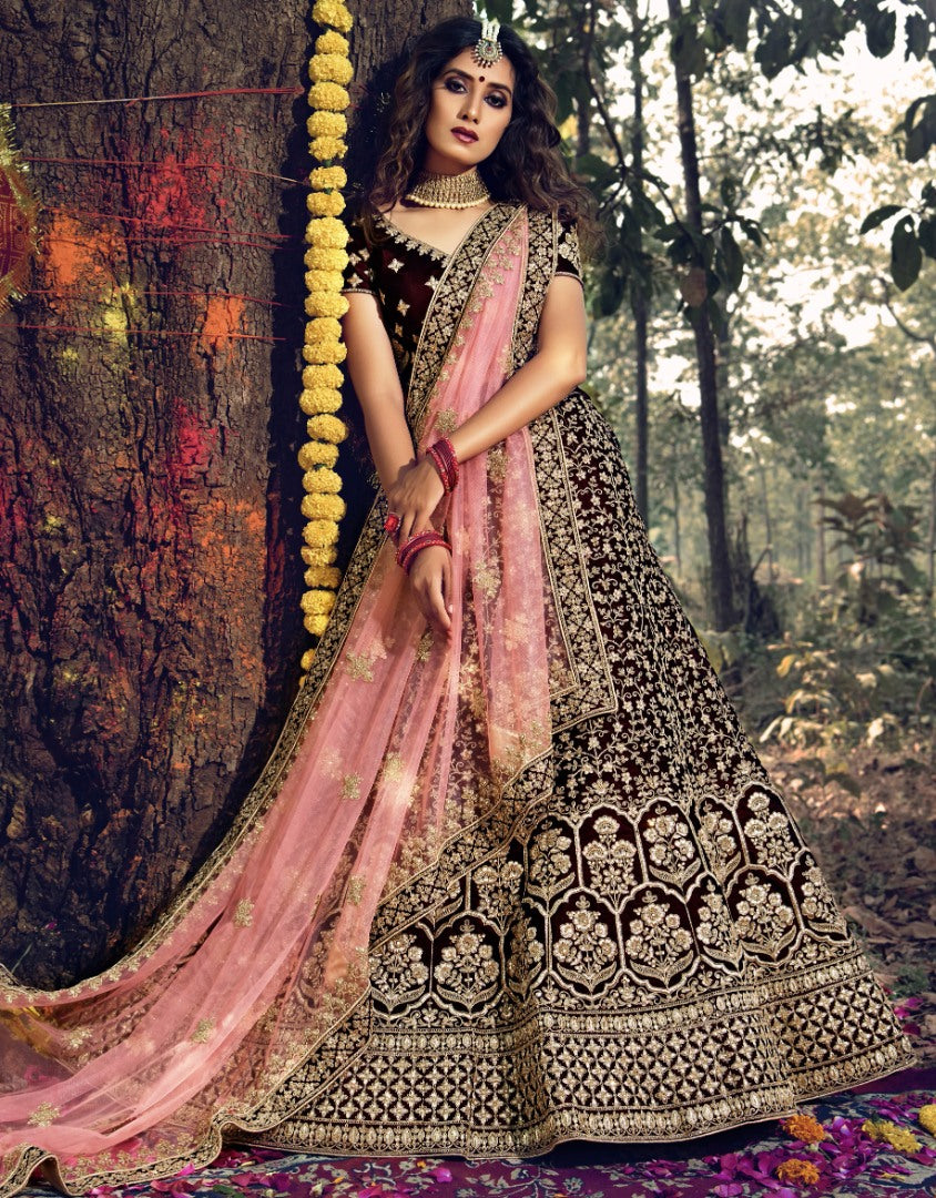 Maroon pure velvet soft net stone work bridal lehenga choli
