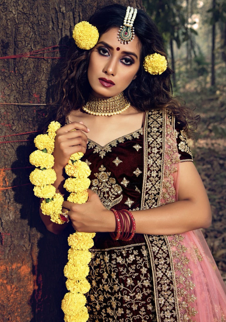 Maroon pure velvet soft net stone work bridal lehenga choli