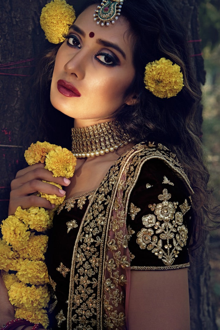 Maroon pure velvet soft net stone work bridal lehenga choli