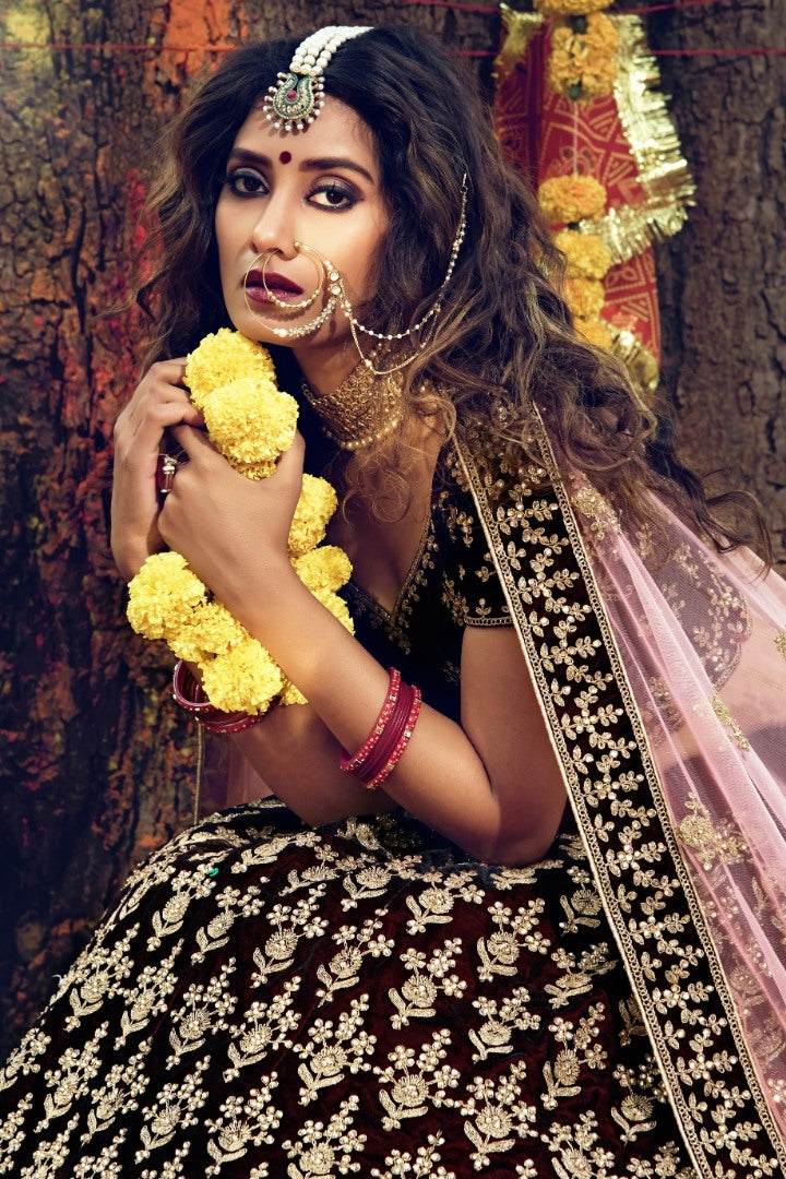 Maroon pure velvet soft net stone work bridal lehenga choli