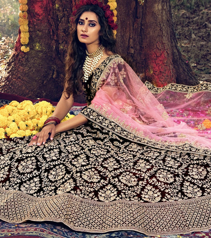 Maroon pure velvet soft net stone work bridal lehenga choli
