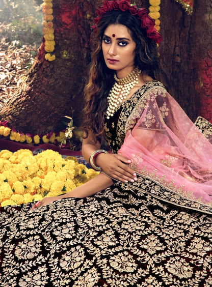 Maroon pure velvet soft net stone work bridal lehenga choli