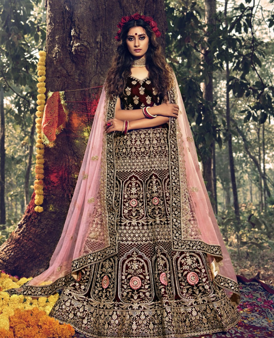 Maroon pure velvet soft net stone work bridal lehenga choli