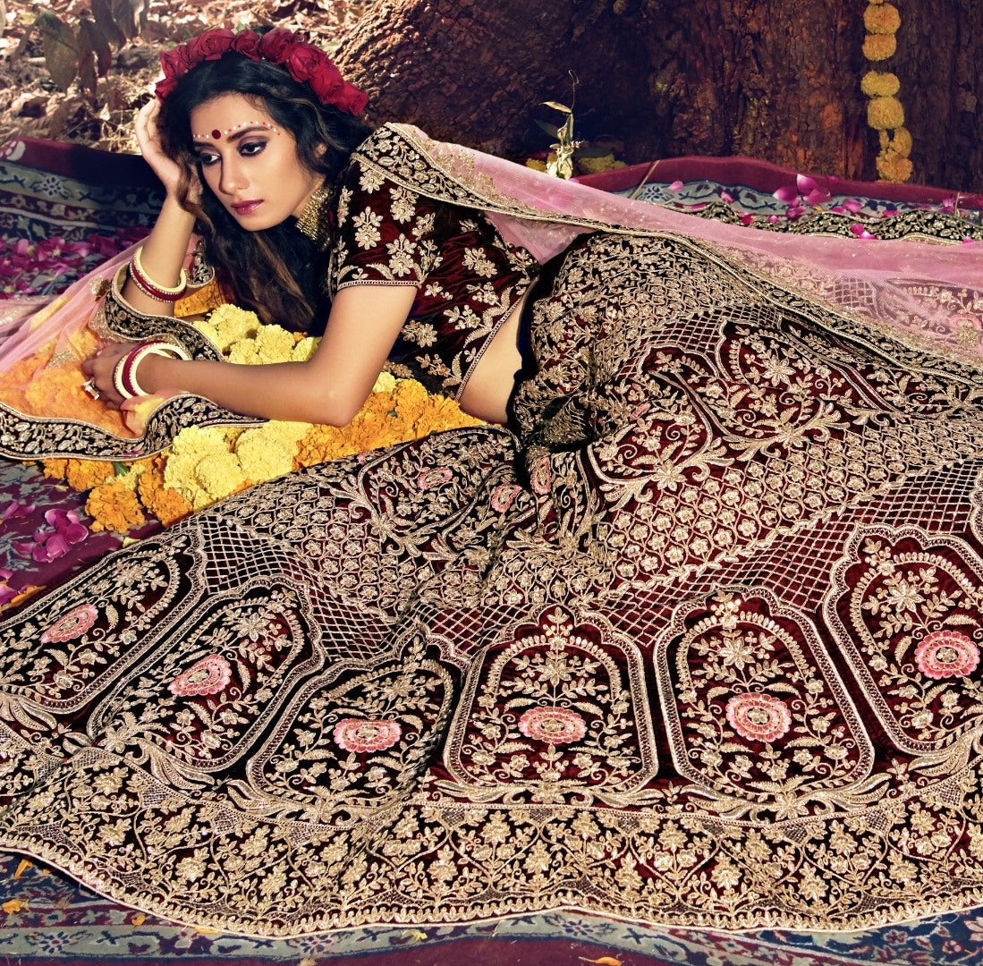 Maroon pure velvet soft net stone work bridal lehenga choli