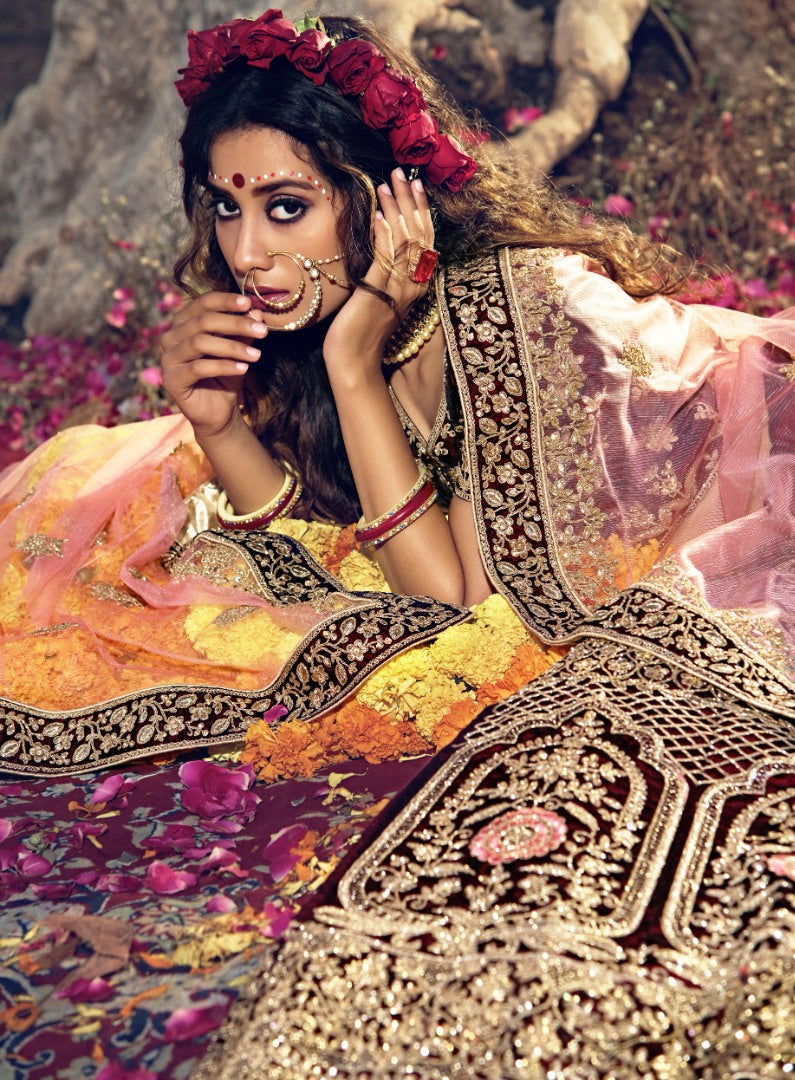 Maroon pure velvet soft net stone work bridal lehenga choli